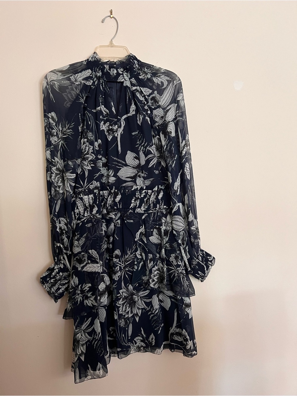 Parker Navy and White Floral High-Neck Long Sleeve Dress